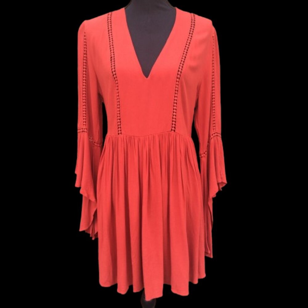 Earthbound Mini Dress Rust Orange Bell Sleeve Lace Inlet Boho Chic Size Small